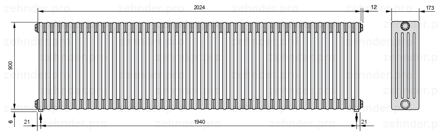 Схема (чертеж) Радиатор Zehnder Charleston 5090/44 №3570 Белый глянцевый RAL 9016